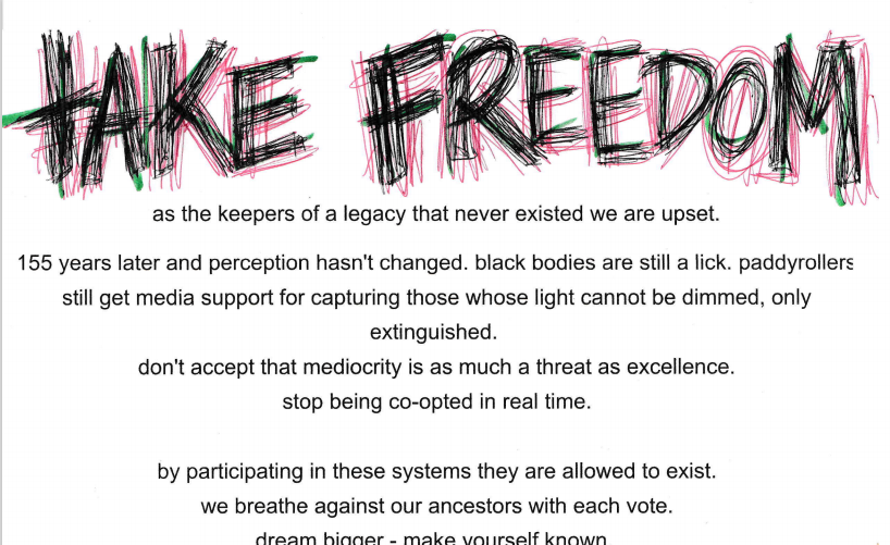 Picture of top of the 155 years later zine.  Text: TAKE FREEDOM