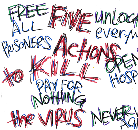 A poster which reads: 5 Actions to Kill the Virus.  Unlock Everywhere, Free All Prisoners, Never Work Again, No Paying, Open Hospitals
