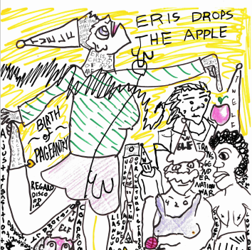 A drawing of Eris (discordia) dropping the apple of discord