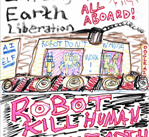 A drawing of robot oogles riding a train. ROBOT KILL HUMAN LOVE EARTH