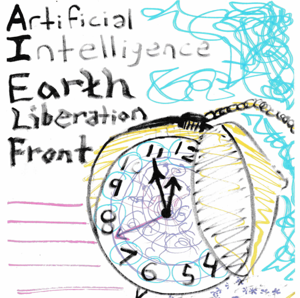 Picture of a pocket watch at 11:55; Artificial Intelligence Earth Liberation Front