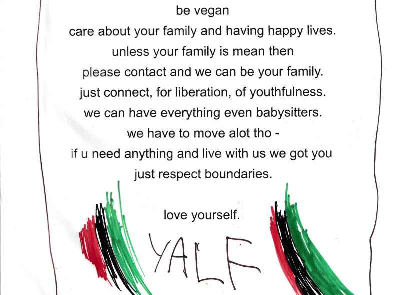 A picture of the YALF zine.  Be vegan, love your family unless they are abusers